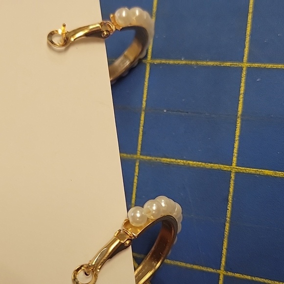 Gold Tone White Pearl Faux Hoop Earrings - Picture 3 of 3